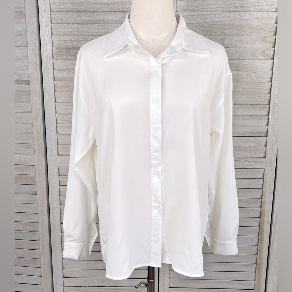 SHEIN Women's Sheer Button Down Shirt White-Medium